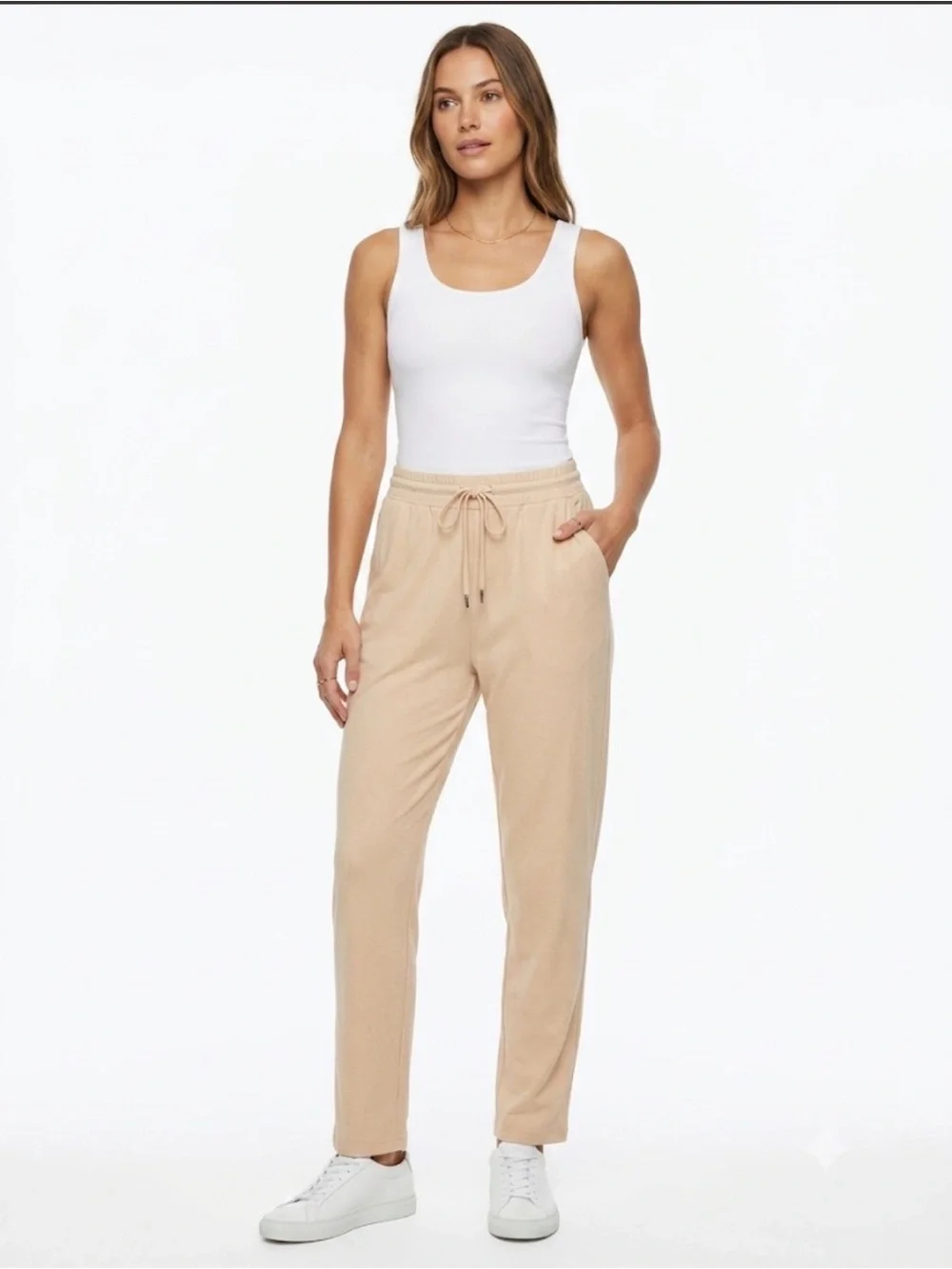R. Sofia Beige Drawstring Knit Lounge Pants Pockets Cotton Blend Size Large